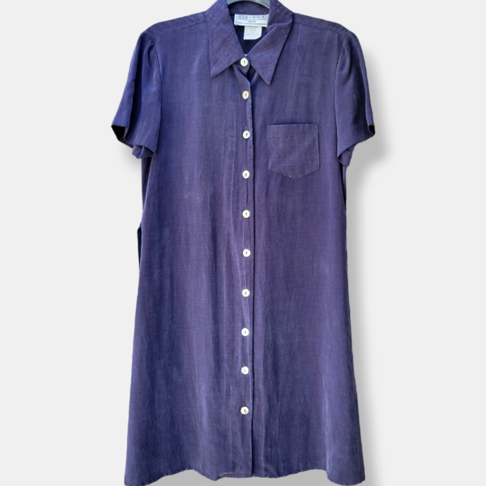 VINTAGE 1990s JESSICA HOWARD Button Front Shift Dress Navy